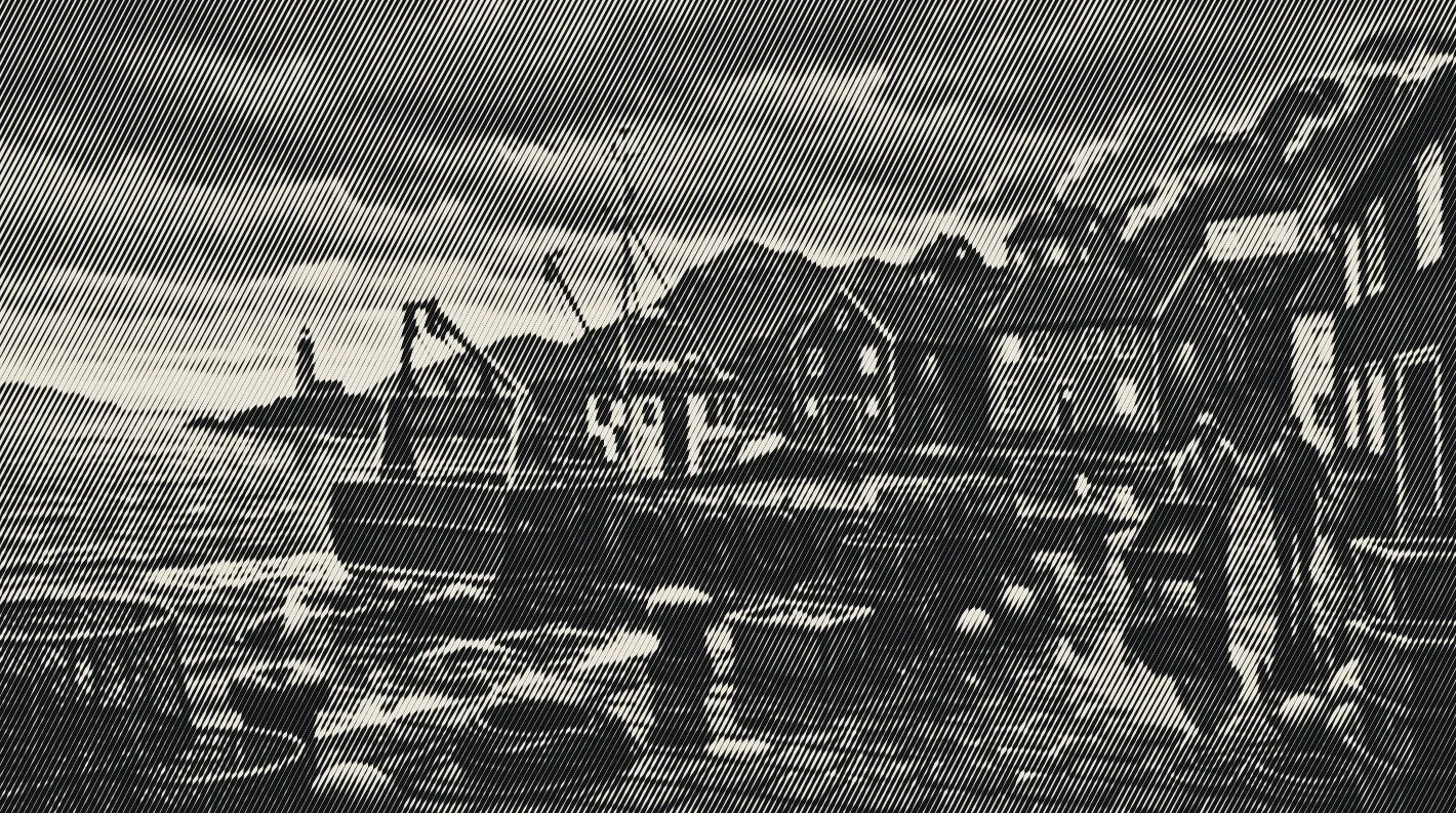 A fishing boat moored at a stone quay at dusk, with crab pots and fish tubs on the quay and painted houses climbing the hill behind