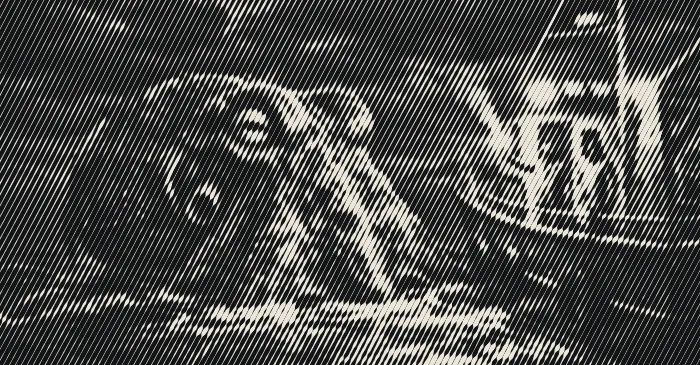 An enormous old octopus rising beside a small boat at night, a crew member holding up a flare