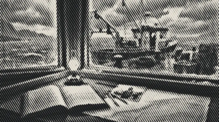 An old logbook open on a chart table beside an oil lamp, rain on the window and a boat at the quay outside