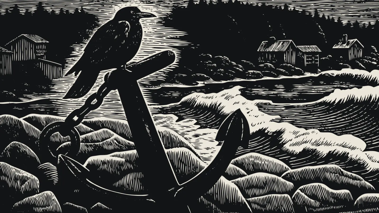 An engraving of a raven perched on an old anchor on a rocky shore, a fishing harbor behind