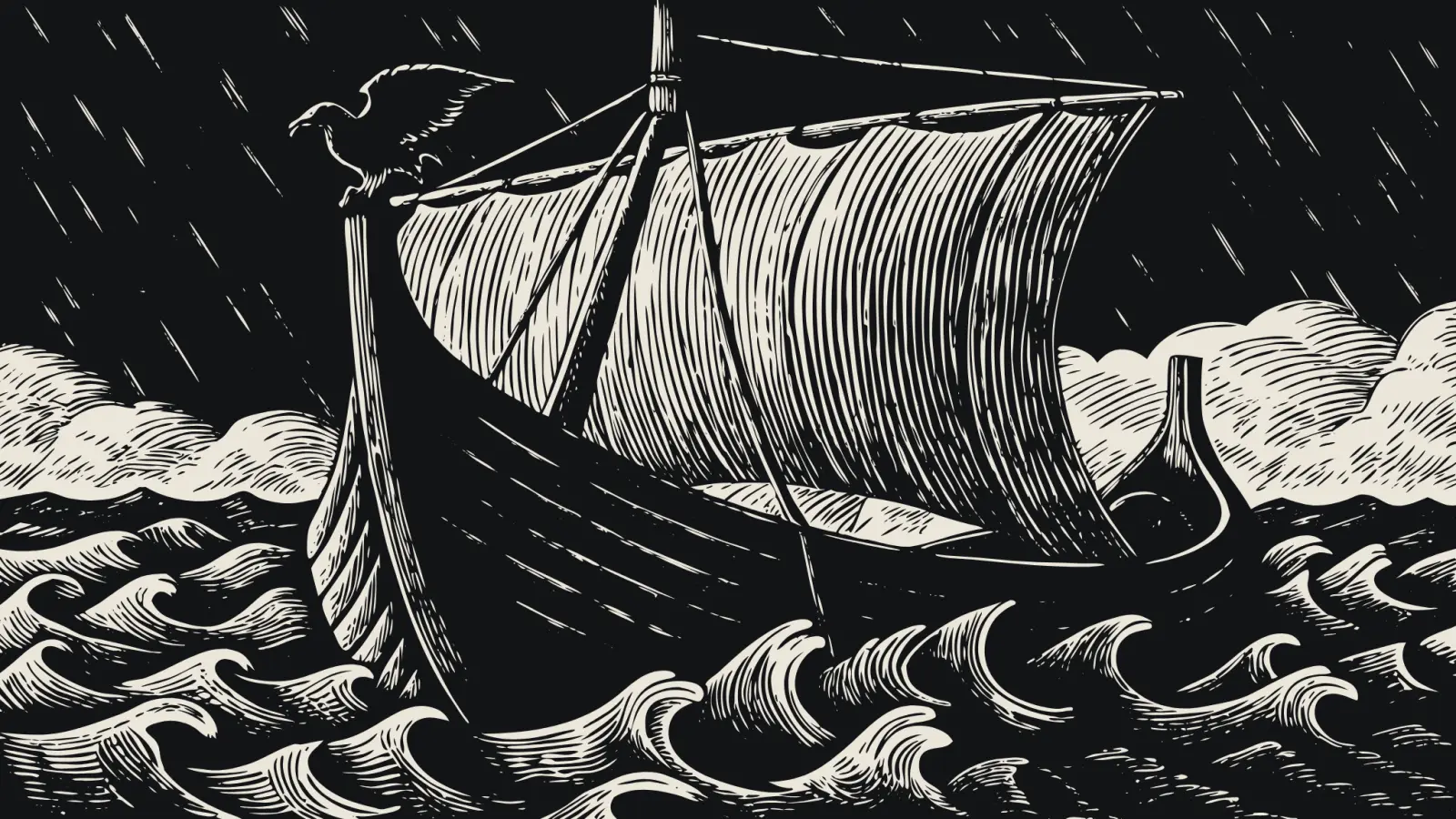 An engraving of a longship on a rough sea, with a raven on its prow